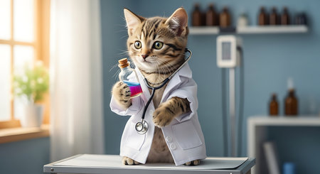 Cute cat as veterinarian with stethoscope and bottle of medicineの素材