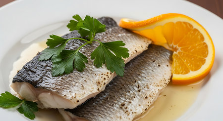 Herring fillets with lemon and parsley on a white plateの素材