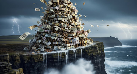 Conceptual image of falling money on top of a cliff.の素材