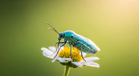 Close up of a blue beetle on a white daisy flower.の素材