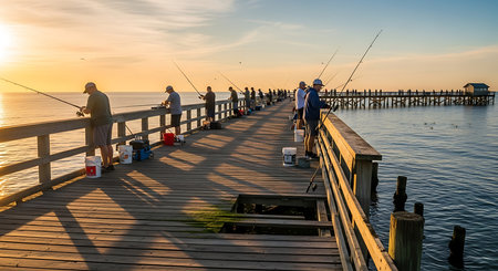 Fishermen fishing on a wooden jetty at sunrise in the eveningの素材