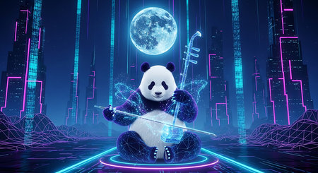 3D rendering of a panda playing the saxophone with a blue backgroundの素材