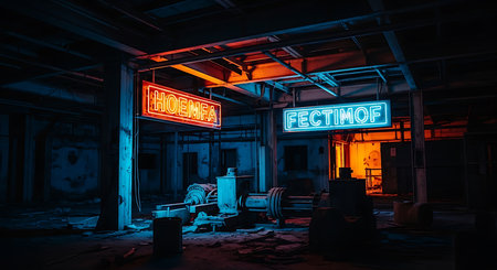 Abandoned industrial interior of an old factory building with neon lightsの素材