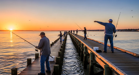 Fishermen on a pier at sunset in Sopot, Polandの素材