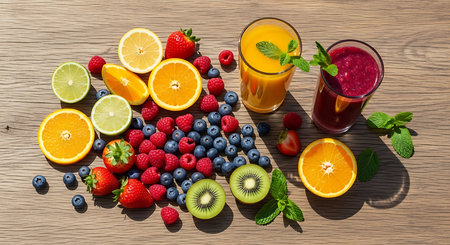 Fruit juice with fresh fruits and berries on wooden table. Top viewの素材