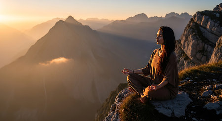 Woman meditating on the top of a mountain at sunset. Yoga and meditation conceptの素材