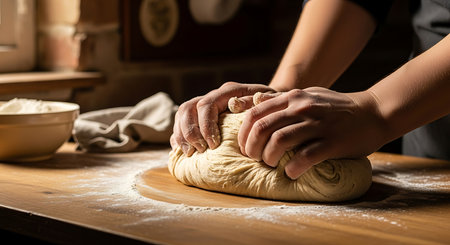 Female hands kneading dough in the kitchen. Selective focus.の素材