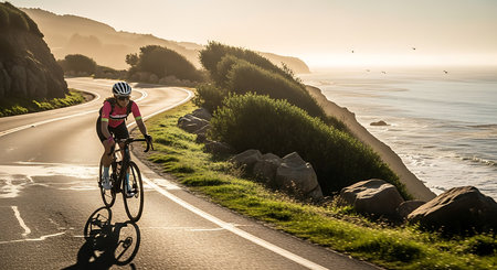 Cyclist Riding the Road to the Atlantic Ocean at Sunrise.の素材