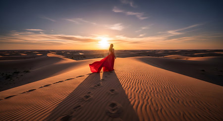 Beautiful woman in red dress walking in the desert at sunset.の素材