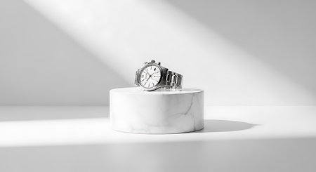 Wristwatch on white marble pedestal. 3D rendering.の素材