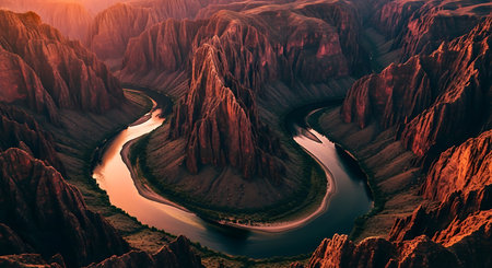 Aerial view of a river flowing through the canyon at sunset.の素材