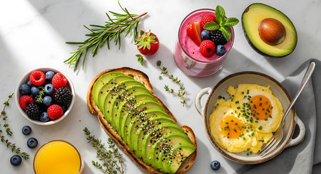 Healthy breakfast with toast, avocado, berries and eggs on white marble tableの素材