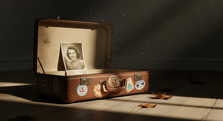Vintage travel suitcase with a photo of a young man. 3d renderingの素材