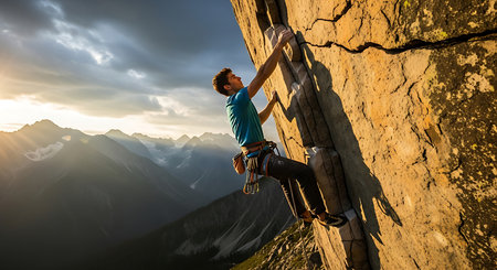 Young man climbing on a rock wall at sunset in the mountains.の素材
