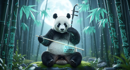 Panda playing the violin in the bamboo forest, 3D renderingの素材