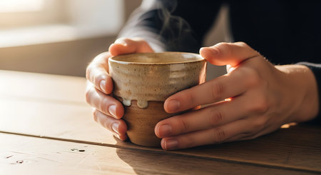 Close up of female hands holding a cup of coffee on a wooden tableの素材