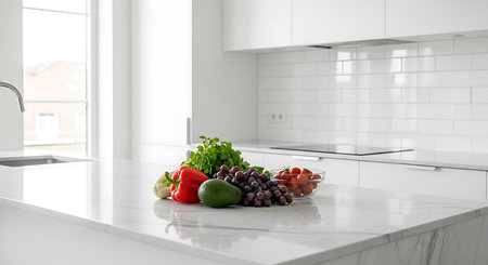 Fresh fruits and vegetables on white marble countertop in modern kitchen. 3d renderingの素材