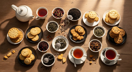 Various kinds of tea and cookies on wooden table. Top view.の素材