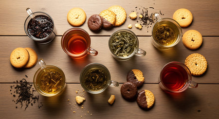 Cup of tea with cookies on wooden table. Top view.の素材