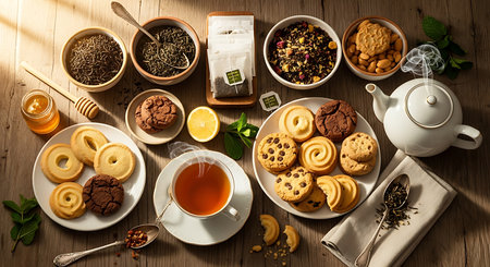 Tea set with cookies and biscuits on a wooden table. Top viewの素材