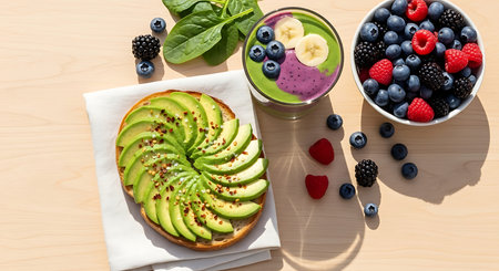top view of tasty toast with avocado, berries and smoothie on wooden tableの素材