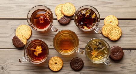 Cups of tasty tea with cookies on wooden background, top viewの素材