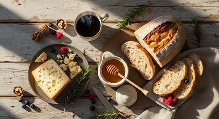 Breakfast with coffee, cheese, honey, bread and berries on wooden tableの素材