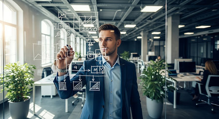 Planning strategy. Confident young man in smart casual wear drawing on transparent board while standing in modern officeの素材