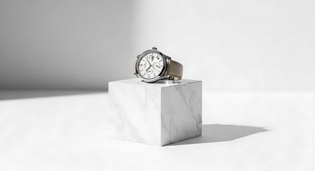 3d rendering of a wrist watch on a white marble podium.の素材