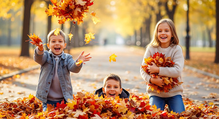 Happy children playing with autumn leaves in the park. Autumn season.の素材