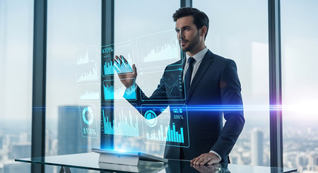 businessman in suit pointing with finger at virtual panel with infographsの素材