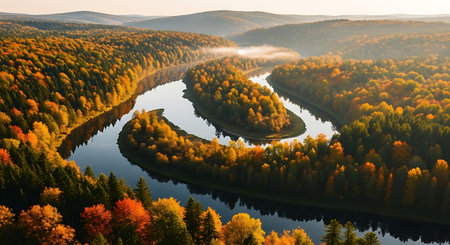 Aerial view of autumn forest and river. Colorful trees in autumn forest.の素材