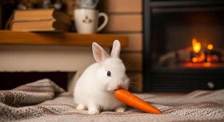 Cute little white rabbit and carrot in front of fireplace at homeの素材