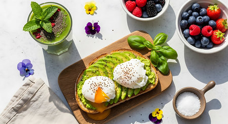 Healthy breakfast with avocado toast, poached egg, berries and green smoothieの素材