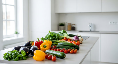 Fresh vegetables on the table in the kitchen. Healthy food concept.の素材