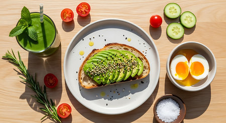 Healthy breakfast with avocado toast and smoothie, top view.の素材