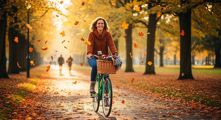 Beautiful woman riding bicycle in autumn park. Happy girl with bicycle.の素材