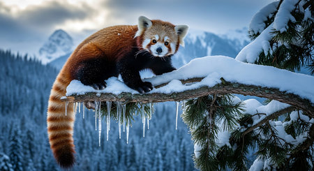 Red panda on a tree branch in winter forest. 3D Renderingの素材