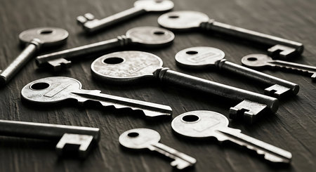 Bunch of old keys on a wooden background. Toned.の素材