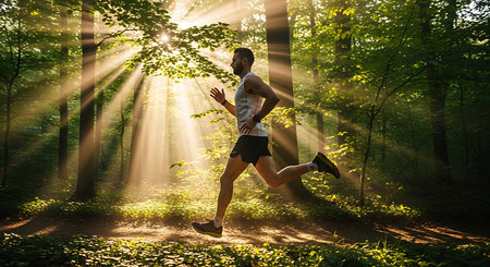 Young man running in forest at sunrise. Sport and healthy lifestyle.の素材