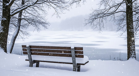 Wooden bench in the park during snowfall. Winter landscape.の素材