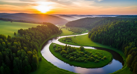 Beautiful summer landscape with river and forest at sunset. Aerial viewの素材