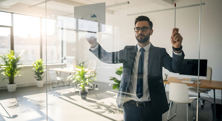 Businessman in modern office pointing with his finger at the flipchartの素材