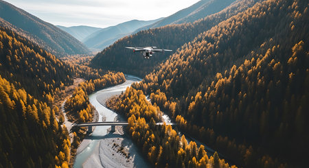 Drone flying over a river in the mountains. Aerial view.の素材