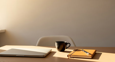 Coffee cup, laptop and notebook on wooden table in officeの素材