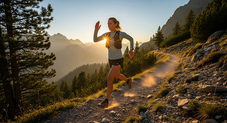 Young woman running on a trail in the Italian Dolomites.の素材