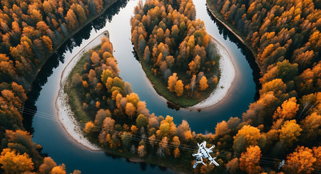 Aerial view of autumn forest and river. Drone flying over the lake.の素材