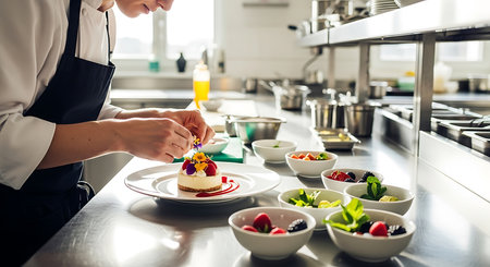 Chef decorating a cake with fresh berries in a restaurant kitchenの素材