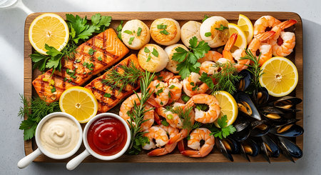 Seafood platter with grilled salmon, shrimp, mussels, squidspus, scallops, squid and prawns on wooden board, top viewの素材