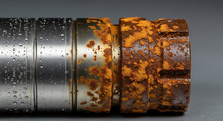 Rusty parts of a car muffler on a gray background.の素材